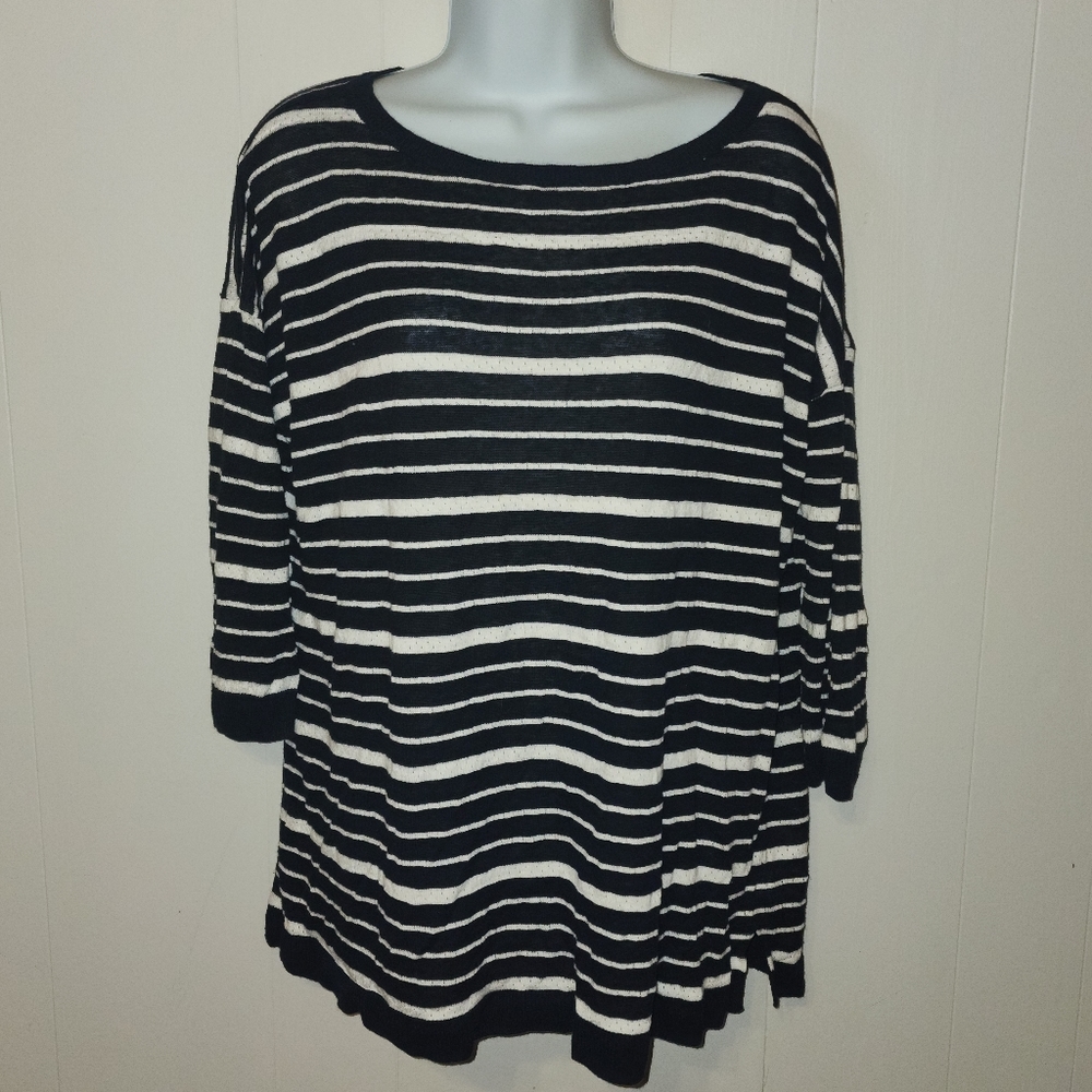 Talbots Sweater 1X Navy Blue White Striped Pullover Linen Blend 3/4 Sleeve‎ B67
